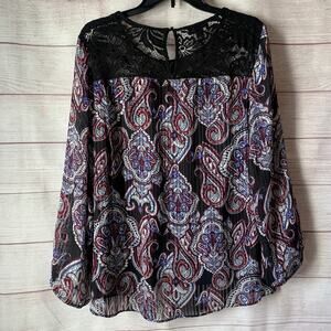 I.N. Studio Paisley Pattern Blouse with Lace Top Eyelet Back Size PL